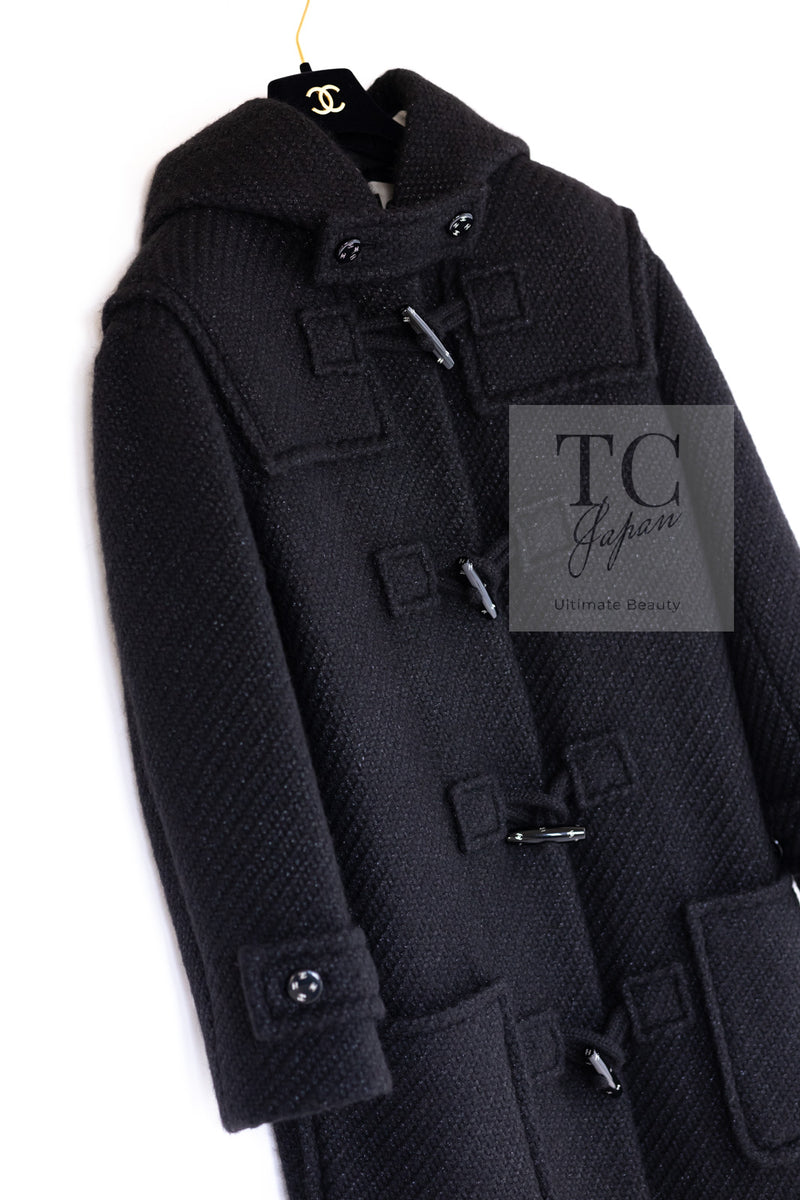 CHANEL 21B Black Alpaca Wool Hooded Duffel Long Coat 38 40 42 シャネル ブラック アルパカ ウール フード付き ダッフル ロング コート 即発