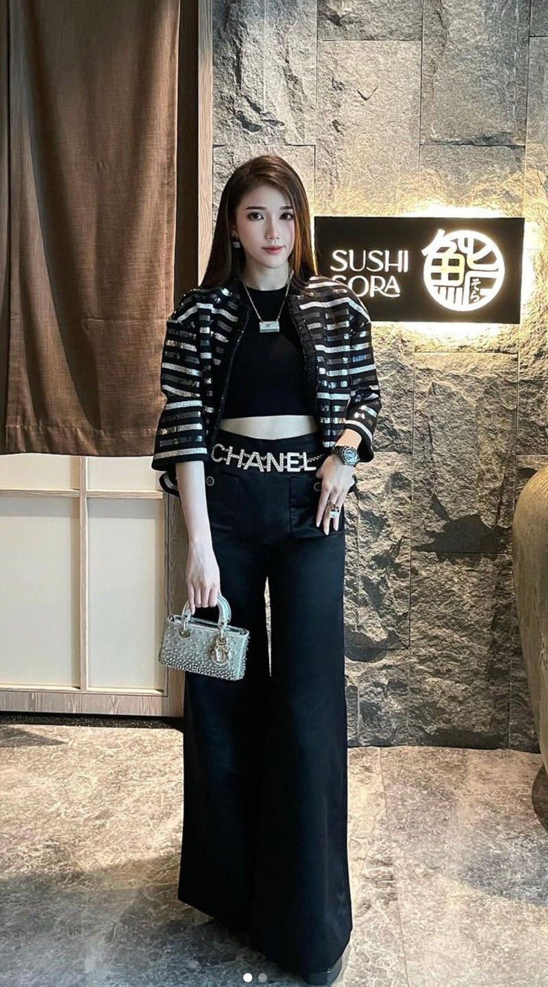 CHANEL 22C Black Sequin Glitter Stretch Jersey Jacket 38 40 42 シャネル ブラック スパンコール グリッター ストレッチ ジャージー ノーカラー ジャケット 即発