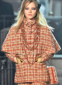 CHANEL 16PF Orange Brown Beige Tweed Jacket Cape 34 36 38 シャネル オレンジ ブラウン ベージュ ツイード ジャケット ポンチョ ケープ 即発