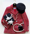 CHANEL 19PS Red Pearl Logo Buttons Cotton Tweed Jacket 40 42 シャネル レッド パール ロゴ ボタン コットン ツイード ジャケット 即発