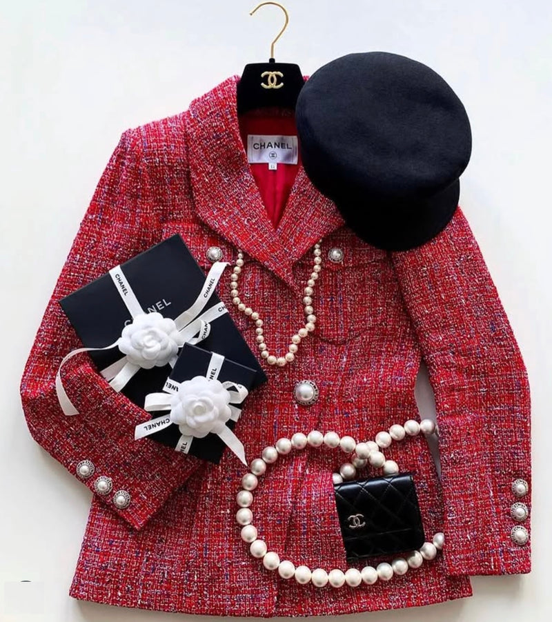 CHANEL 19PS Red Pearl Logo Buttons Cotton Tweed Jacket 40 42 シャネル レッド パール ロゴ ボタン コットン ツイード ジャケット 即発