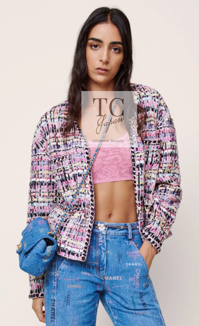 CHANEL 22PS Pink Multicolor Braid Trimming Collarless Jacket 38 シャネル ピンク マルチカラー ブレイドトリミング ノーカラー ジャケット 即発