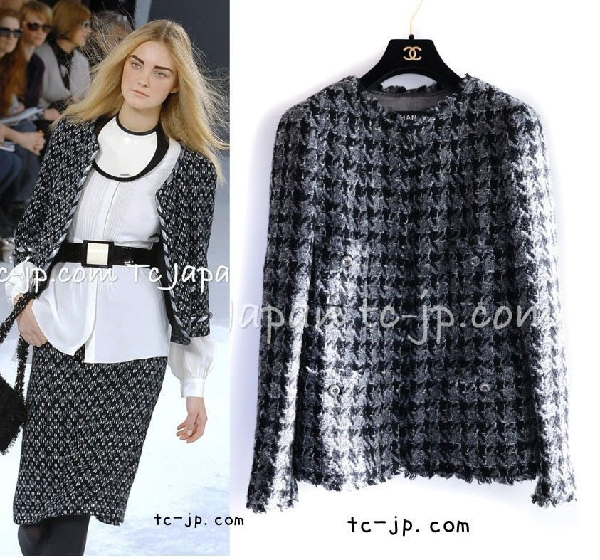 CHANEL 06A Gray Black Houndstooth Wool Silk Tweed Collarless Jacket 38 40 シャネル グレー ブラック 千鳥格子 ウール シルク ツイード ノーカラー ジャケット 即発
