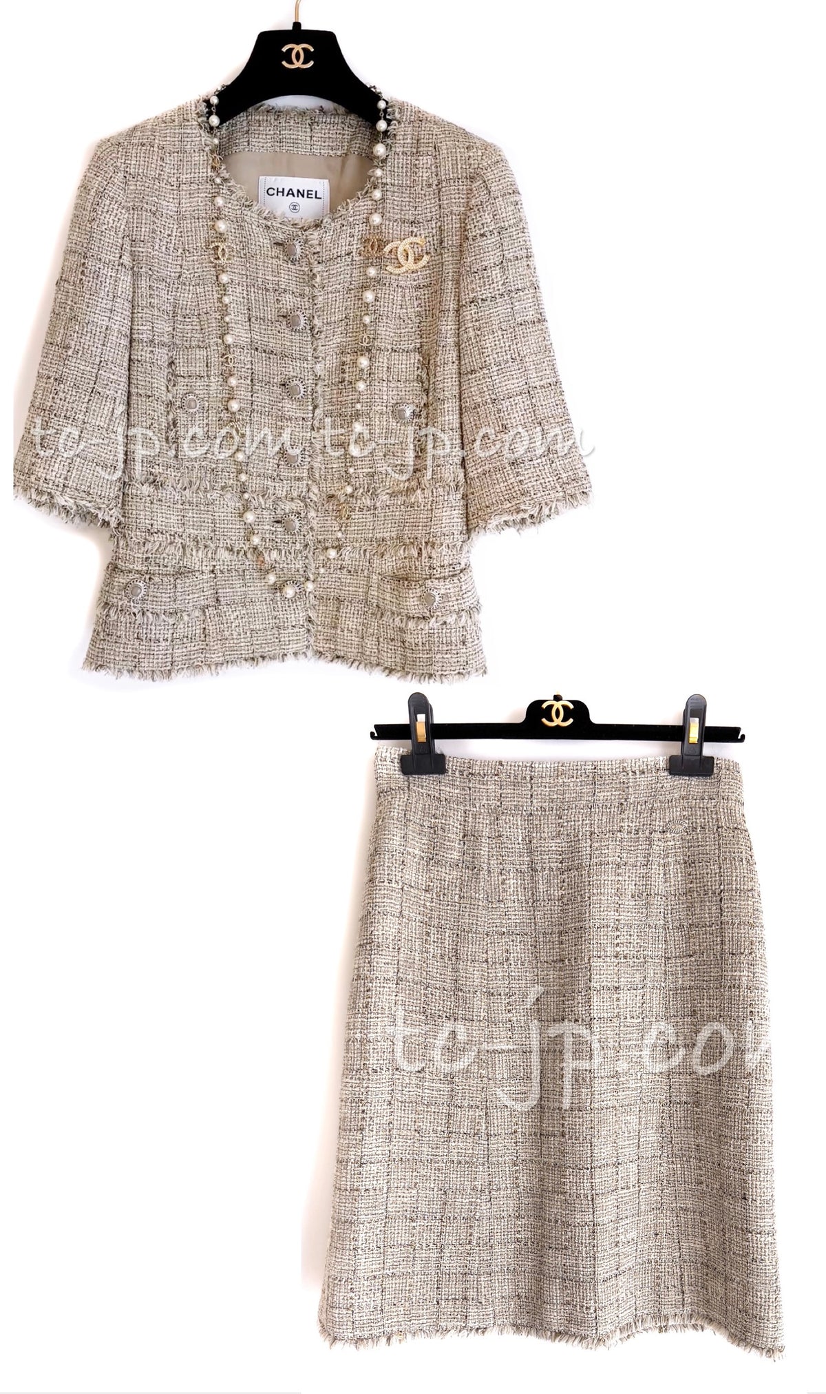 CHANEL 10S $6.1K Cameron Diaz Beige Tweed Jacket Skirt Suit 36 38 シャネル ベージュ・女優・ルサージュ・ツイード・ジャケット・スカート・スーツ 即発 - TC JAPAN