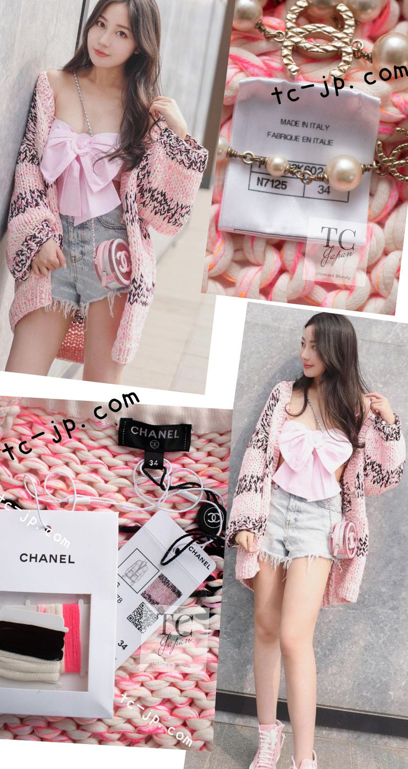 CHANEL 20S Pink White Cotton Knit Cardigan 38 40 42 シャネル ピンク ホワイト コットン ニット カーディガン 即発