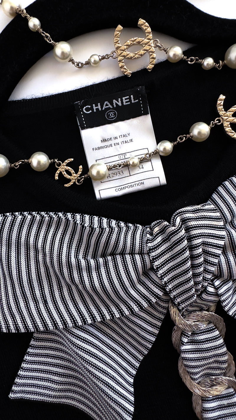 CHANEL 07S Black White Cashmere Silk Celebrity Bow Knit Tops 34 38 40 シャネル ブラック・カシミア・シルク・セレブのリボン・ニット・トップス 即発