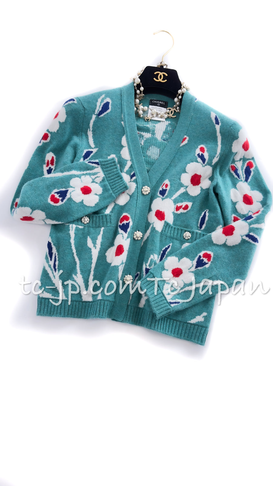 CHANEL 15C Green Turquoise Flower Cashmere Knit Cardigan Sweater 36 38 40 シャネル グリーン・ターコイズ・フラワー柄・カシミア・ニット・カーディガン・セーター 即発