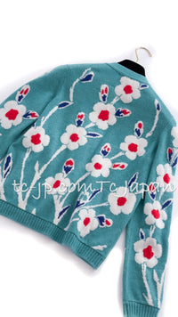 CHANEL 15C Green Turquoise Flower Cashmere Knit Cardigan 36 38 40 シャネル グリーン ターコイズ フラワー柄 カシミア ニット カーディガン 即発