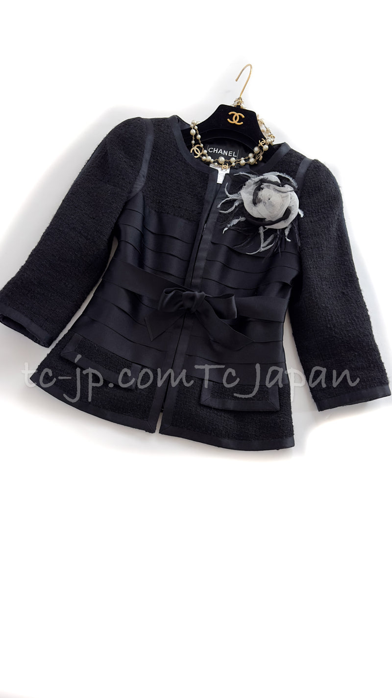 CHANEL 06A Black Wool Silk Ribbon Collarless Jacket Audrey Hepburn 38 シャネル ブラック ウール シルク リボン ノーカラー ジャケット オードリー ヘップバーン 即発
