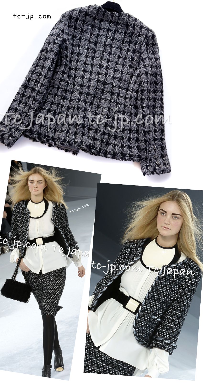 CHANEL 06A Gray Black Houndstooth Wool Silk Tweed Collarless Jacket 38 40 シャネル グレー ブラック 千鳥格子 ウール シルク ツイード ノーカラー ジャケット 即発