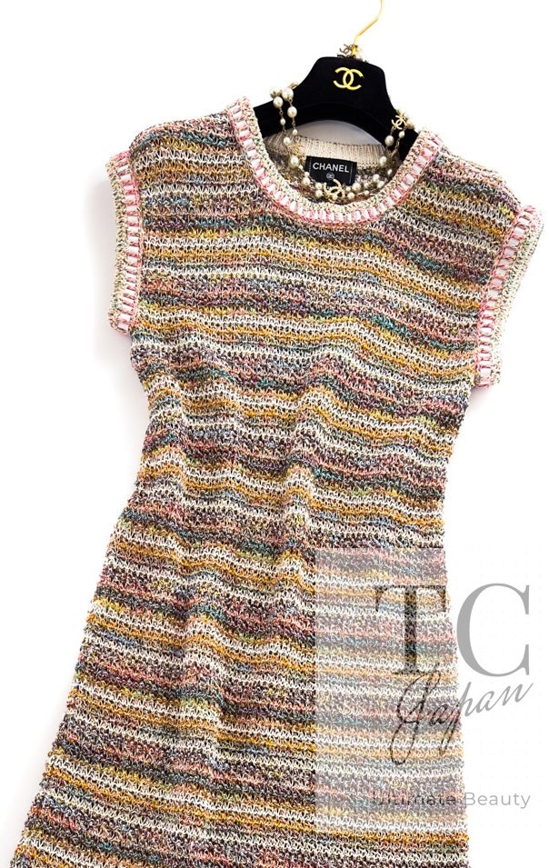 CHANEL 17C Creme Marigold Beige Cotton Stretch Knit Dress 44 シャネル クリーム マリゴールド ベージュ コットン ストレッチ ニット ワンピース 即発