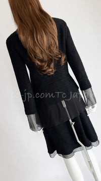 CHANEL 00T Black Silk Chiffon Tweed Jacket Skirt Suit 42 シャネル ブラック・シルクシフォン・ジャケット・スカート・スーツ 即発
