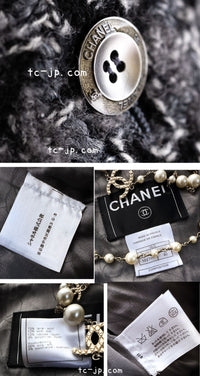 CHANEL 06A Gray Black Houndstooth Wool Silk Tweed Collarless Jacket 38 40 シャネル グレー ブラック 千鳥格子 ウール シルク ツイード ノーカラー ジャケット 即発
