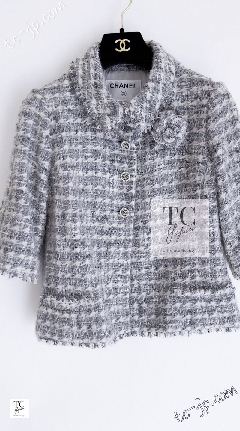 CHANEL 05A Gray Silver Mix Wool Tweed Skirt Jacket 36 38 シャネル グレー シルバー ふんわり ウール ツイード スカート ジャケット 即発