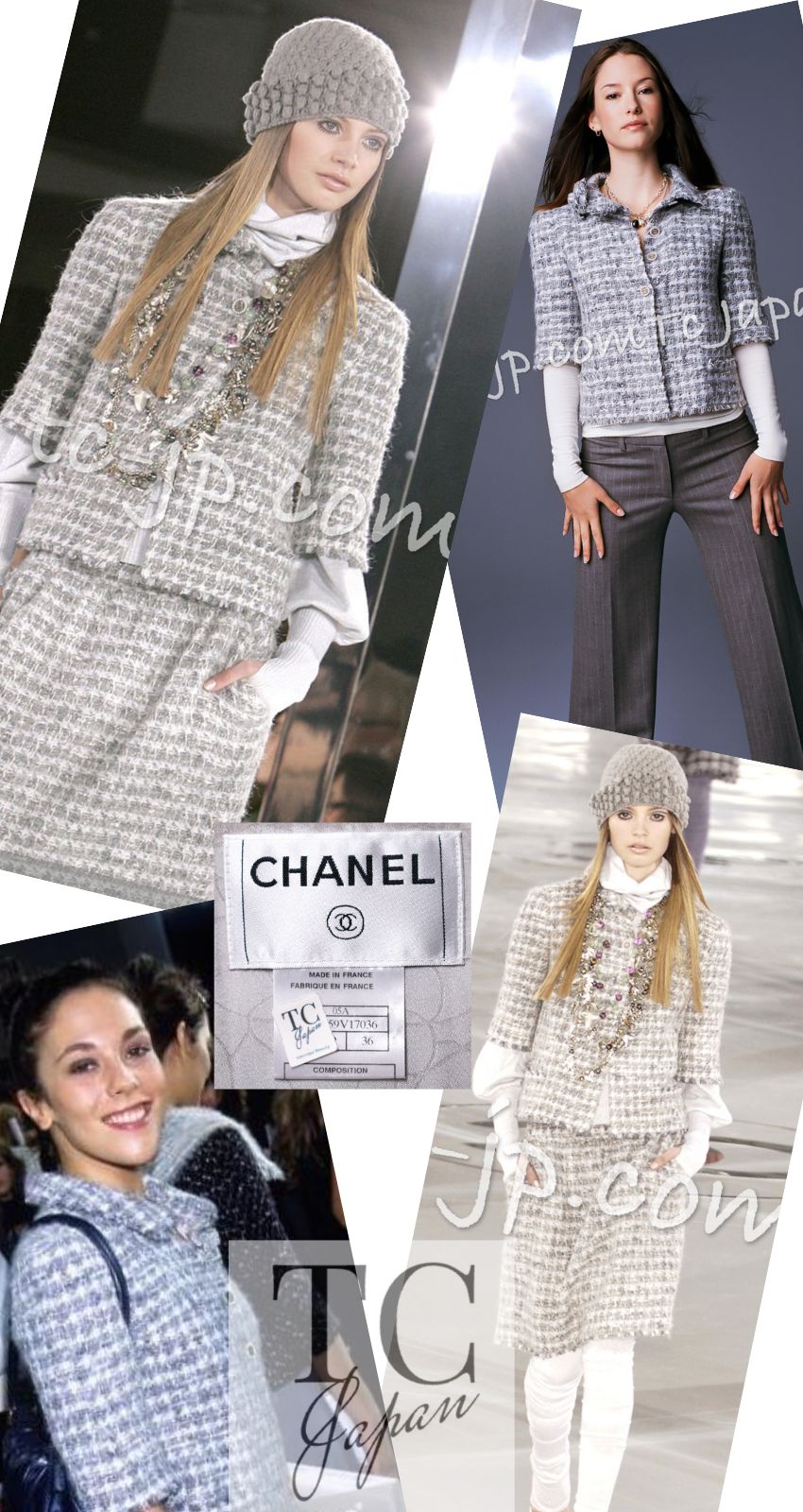 CHANEL 05A Gray Mix Camellia Brooch Wool Tweed Jacket Skirt Suit 36 シャネル グレー ふんわり カメリア付 ウール ツイード ジャケット スカート スーツ 即発
