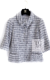 CHANEL 05A Gray Mix Camellia Brooch Wool Tweed Jacket Skirt Suit 36 シャネル グレー ふんわり カメリア付 ウール ツイード ジャケット スカート スーツ 即発