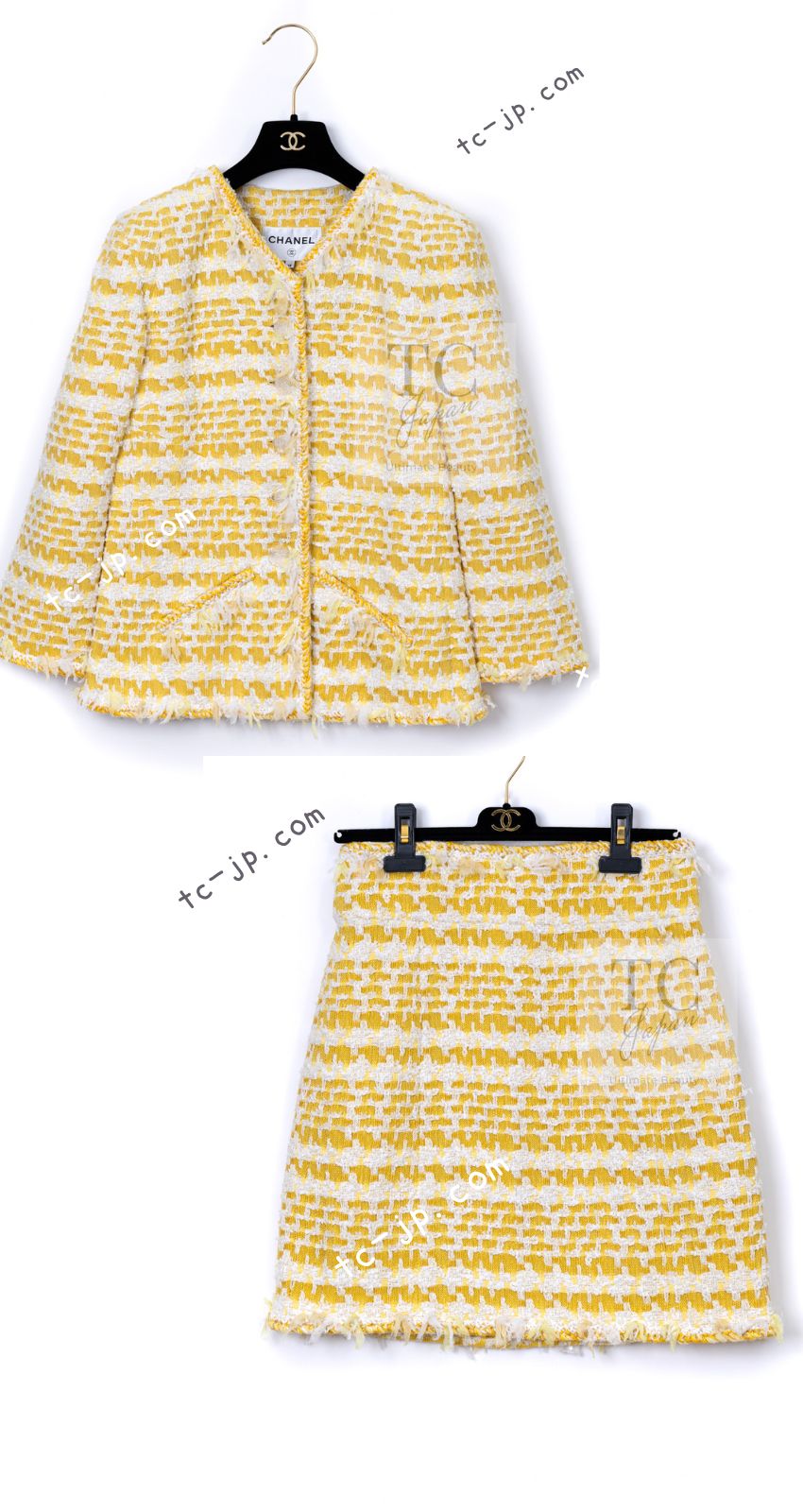 CHANEL 18S Yellow Ivory Cotton Wool Tweed Jacket Skirt Suit 38 シャネル イエロー アイボリー コットン ウール ツイード ジャケット スカート スーツ 即発
