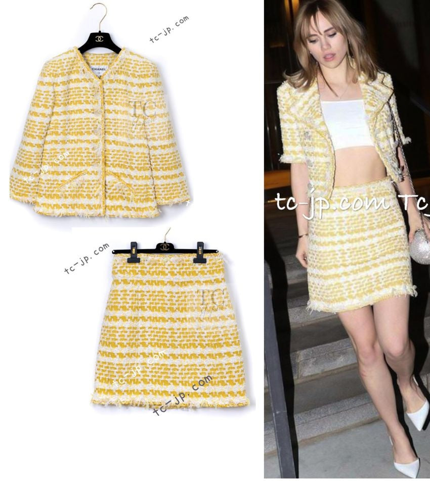 CHANEL 18S Yellow Ivory Cotton Wool Tweed Jacket Skirt Suit 38 シャネル イエロー アイボリー コットン ウール ツイード ジャケット スカート スーツ 即発