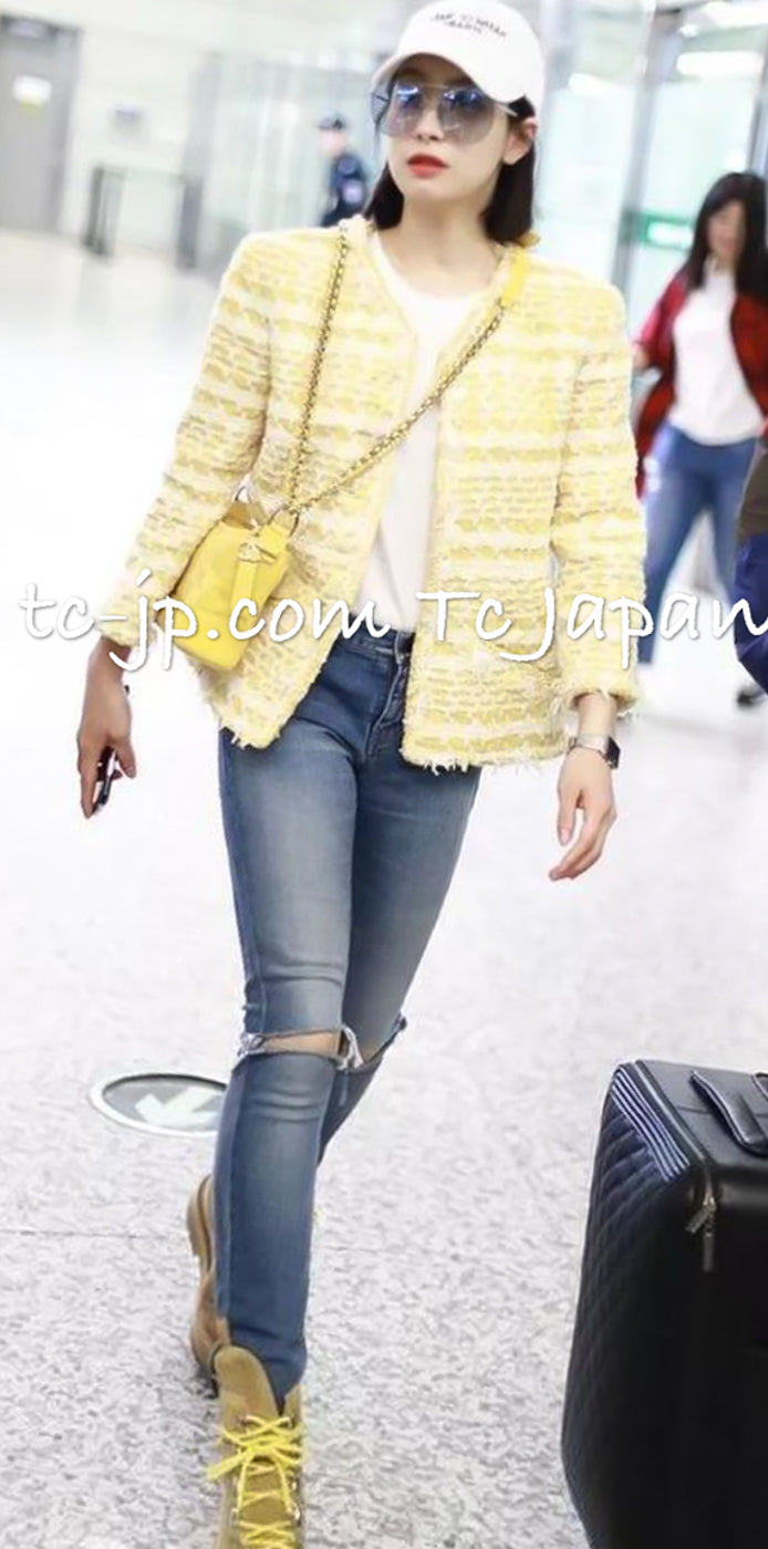 CHANEL 18S Yellow Ivory Cotton Wool Tweed Jacket 40 42 シャネル イエロー アイボリー コットン ウール ツイード ジャケット 即発