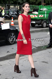 CHANEL 14PF Red Fringe Leather Trim Wool Tweed Dress 34 シャネル レッド フリンジ レザー トリミング ウール ツイード ワンピース 即発