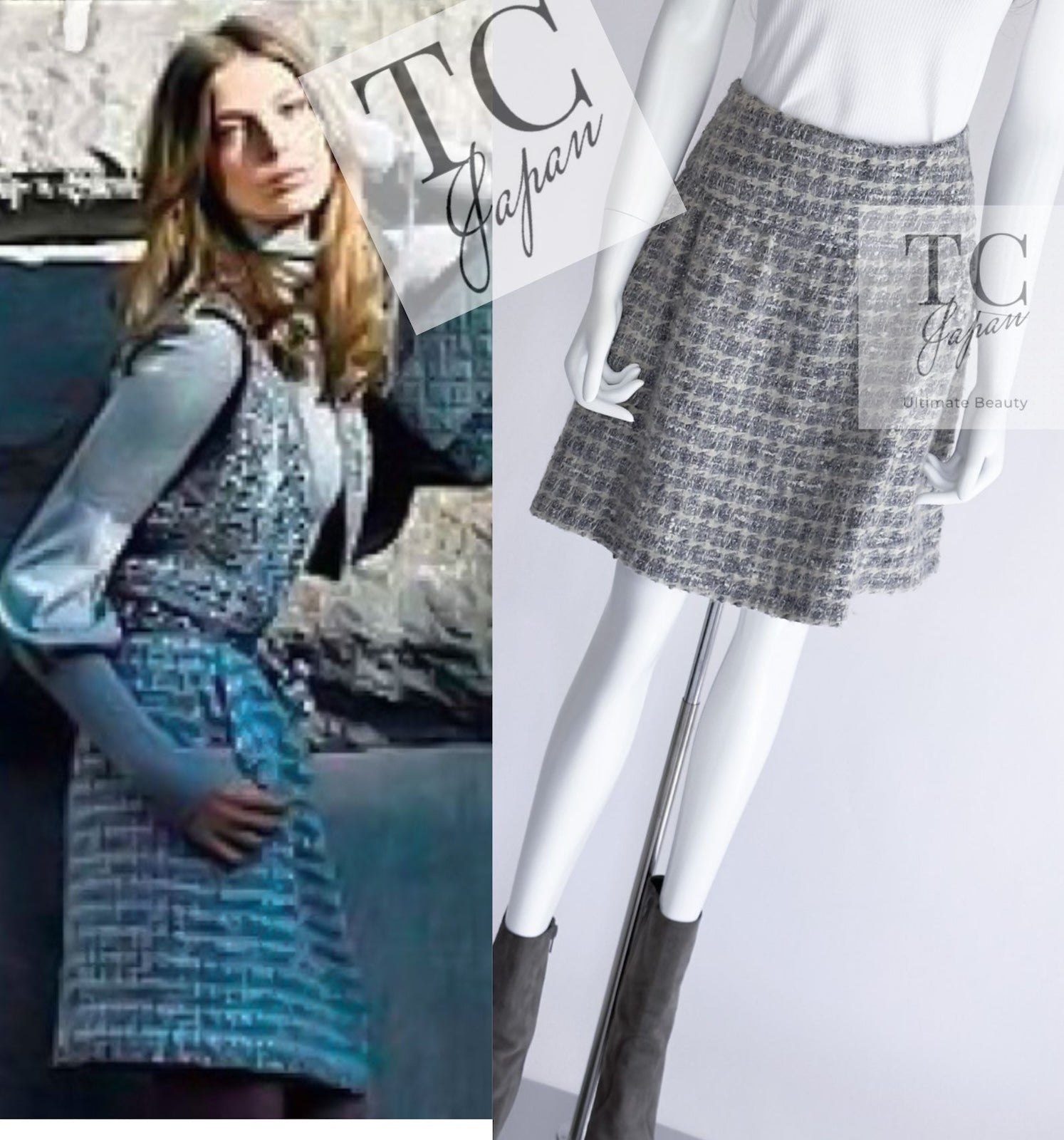 CHANEL 05A Gray Silver Mix Wool Cashmere Tweed Skirt 36 38 シャネル グレー シルバー ふんわり ウール カシミヤ ツイード スカート 即発