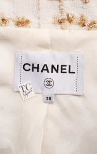 シャネル ジャケット CHANEL 19S ホワイト ゴールド ジップアップ リボン ツイード ジャケット 40 - TC JAPAN
