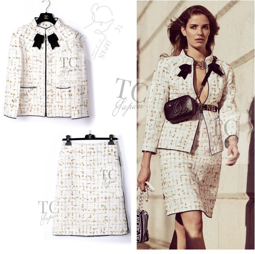 CHANEL 19S White Gold Bow Zip up Jacket Skirt Suit 36 シャネル ホワイト ゴールド ジップアップ リボン ツイード ジャケット スカート スーツ 即発