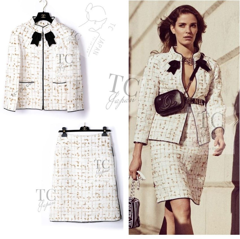 CHANEL 19S White Gold Bow Zip up Jacket Skirt Suit 36 シャネル ホワイト ゴールド ジップアップ リボン ツイード ジャケット スカート スーツ 即発