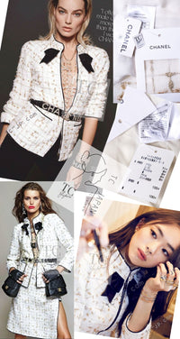 CHANEL 19S White Gold Bow Zip up Jacket Skirt Suit 36 シャネル ホワイト ゴールド ジップアップ リボン ツイード ジャケット スカート スーツ 即発