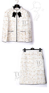 CHANEL 19S White Gold Bow Zip up Jacket Skirt Suit 36 シャネル ホワイト ゴールド ジップアップ リボン ツイード ジャケット スカート スーツ 即発