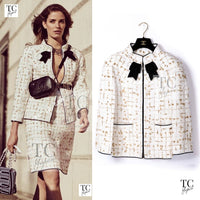 シャネル ジャケット CHANEL 19S ホワイト ゴールド ジップアップ リボン ツイード ジャケット 40 CHANEL Jacket 19S White Gold Bow Zip up 40