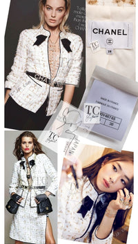 シャネル ジャケット CHANEL 19S ホワイト ゴールド ジップアップ リボン ツイード ジャケット 40 CHANEL Jacket 19S White Gold Bow Zip up 40