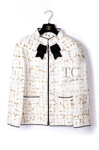CHANEL 19S White Gold Bow Zip up Jacket Skirt Suit 36 シャネル ホワイト ゴールド ジップアップ リボン ツイード ジャケット スカート スーツ 即発