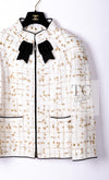 CHANEL 19S White Gold Bow Zip up Jacket Skirt Suit 36 シャネル ホワイト ゴールド ジップアップ リボン ツイード ジャケット スカート スーツ 即発