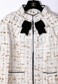 CHANEL 19S White Gold Bow Zip up Jacket Skirt Suit 36 シャネル ホワイト ゴールド ジップアップ リボン ツイード ジャケット スカート スーツ 即発
