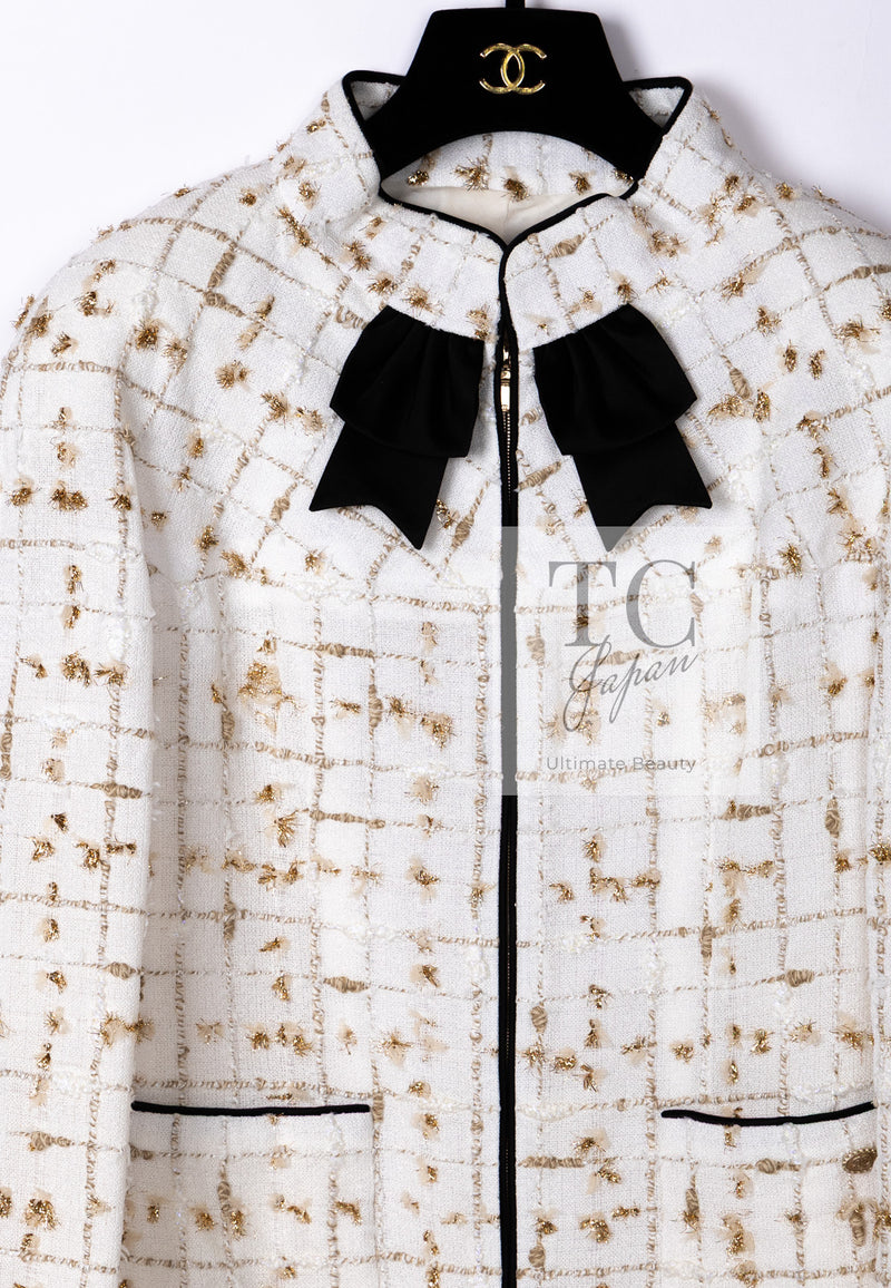 CHANEL 19S White Gold Bow Zip up Jacket Skirt Suit 36 シャネル ホワイト ゴールド ジップアップ リボン ツイード ジャケット スカート スーツ 即発