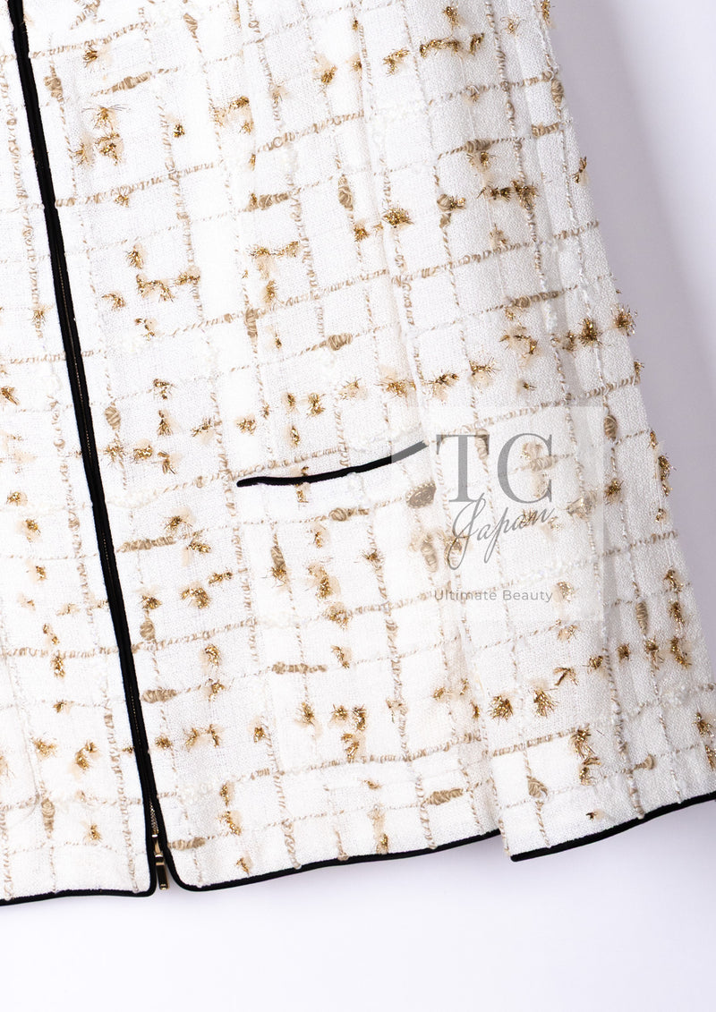 CHANEL 19S White Gold Bow Zip up Jacket Skirt Suit 36 シャネル ホワイト ゴールド ジップアップ リボン ツイード ジャケット スカート スーツ 即発