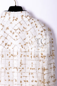 CHANEL 19S White Gold Bow Zip up Jacket Skirt Suit 36 シャネル ホワイト ゴールド ジップアップ リボン ツイード ジャケット スカート スーツ 即発