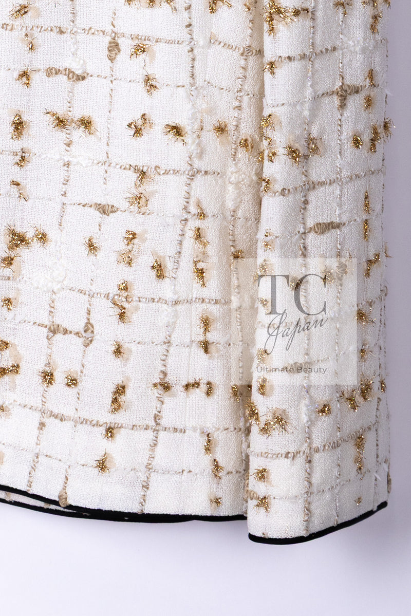 CHANEL 19S White Gold Bow Zip up Jacket Skirt Suit 36 シャネル ホワイト ゴールド ジップアップ リボン ツイード ジャケット スカート スーツ 即発