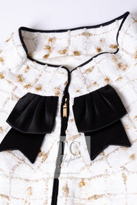 CHANEL 19S White Gold Bow Zip up Jacket Skirt Suit 36 シャネル ホワイト ゴールド ジップアップ リボン ツイード ジャケット スカート スーツ 即発