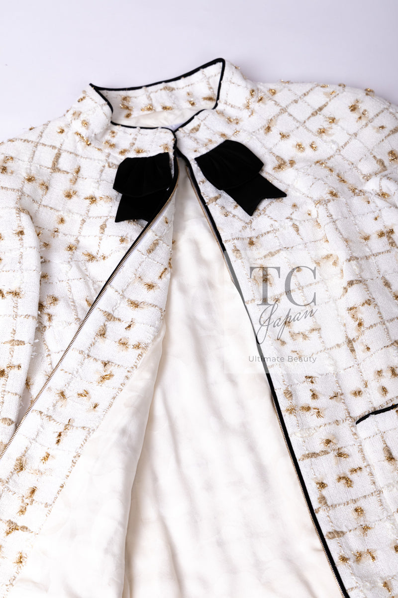 CHANEL 19S White Gold Bow Zip up Jacket Skirt Suit 36 シャネル ホワイト ゴールド ジップアップ リボン ツイード ジャケット スカート スーツ 即発