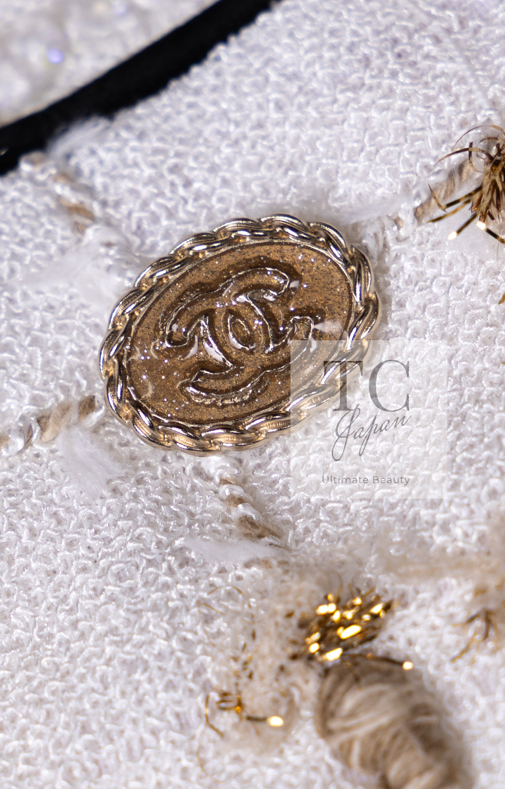 シャネル ジャケット CHANEL 19S ホワイト ゴールド ジップアップ リボン ツイード ジャケット 40 CHANEL Jacket 19S White Gold Bow Zip up 40