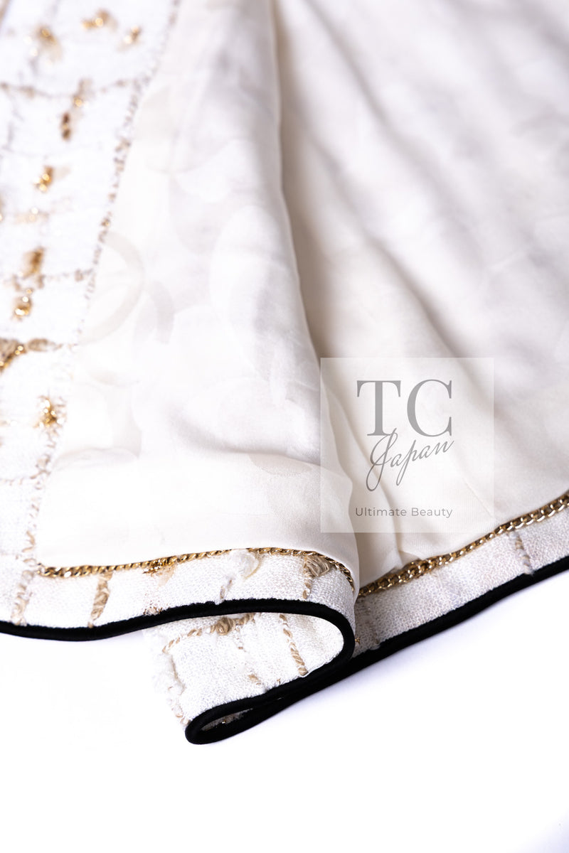 CHANEL 19S White Gold Bow Zip up Jacket Skirt Suit 36 シャネル ホワイト ゴールド ジップアップ リボン ツイード ジャケット スカート スーツ 即発