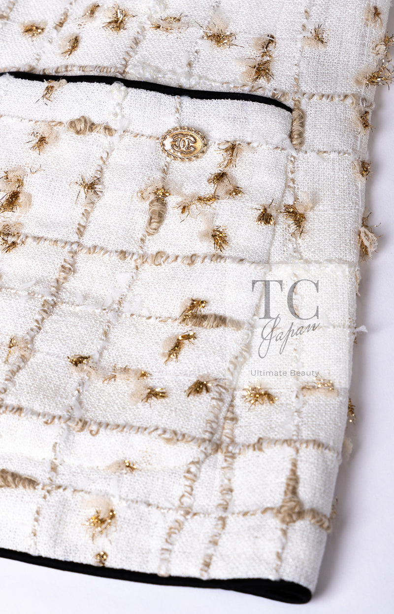 CHANEL 19S White Gold Bow Zip up Jacket Skirt Suit 36 シャネル ホワイト ゴールド ジップアップ リボン ツイード ジャケット スカート スーツ 即発