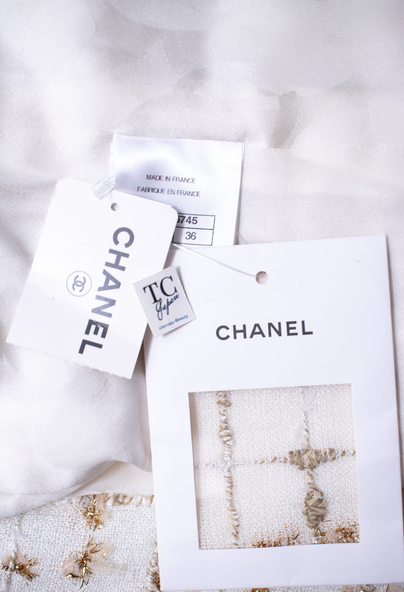 CHANEL 19S White Gold Bow Zip up Jacket Skirt Suit 36 シャネル ホワイト ゴールド ジップアップ リボン ツイード ジャケット スカート スーツ 即発