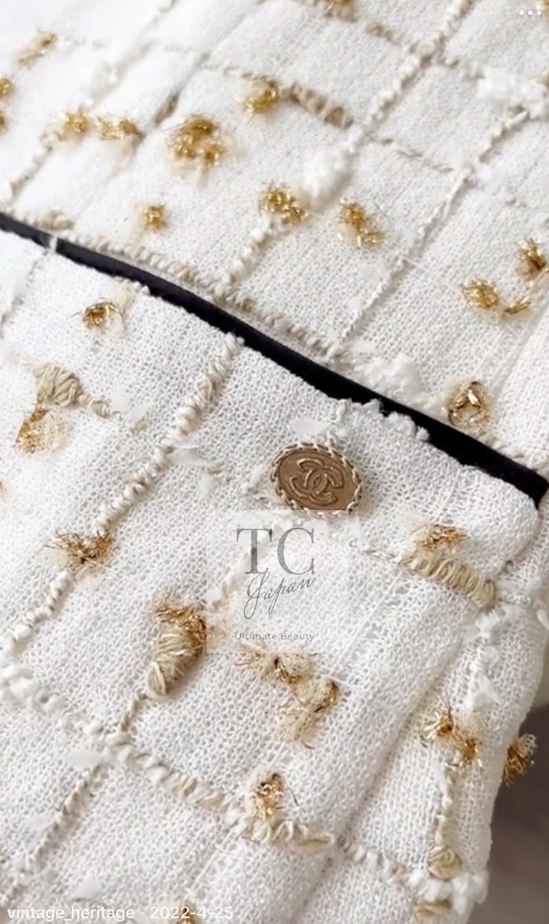 CHANEL 19S White Gold Bow Zip up Jacket Skirt Suit 36 シャネル ホワイト ゴールド ジップアップ リボン ツイード ジャケット スカート スーツ 即発