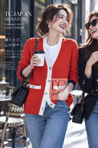 シャネル カーディガン CHANEL 15C オレンジ レッド アイボリー ネイビー カシミヤ 100% バイカラー 36 38