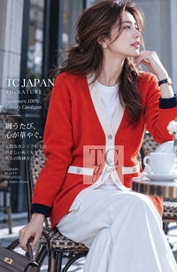 シャネル カーディガン CHANEL 15C オレンジ レッド アイボリー ネイビー カシミヤ 100% バイカラー 36 38