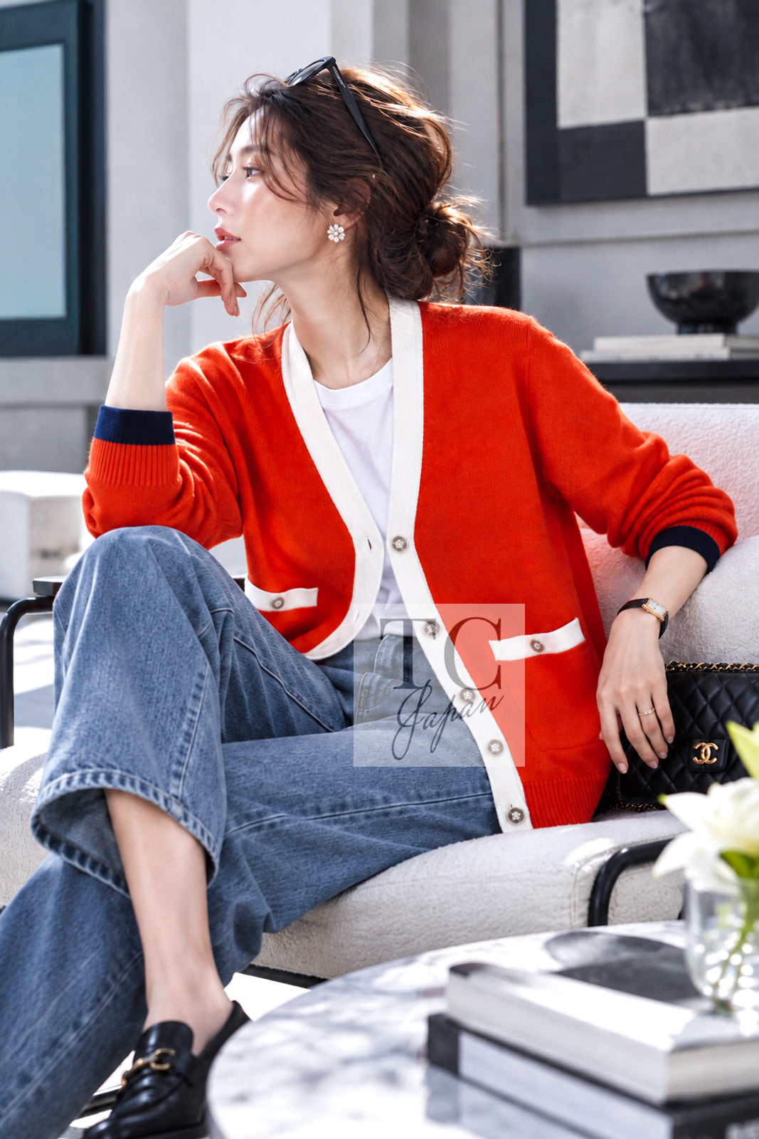 シャネル カーディガン CHANEL 15C オレンジ レッド アイボリー ネイビー カシミヤ 100% バイカラー 36 38