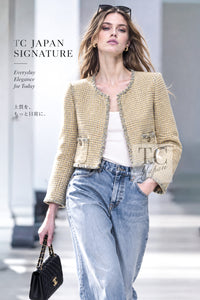 シャネル ジャケット CHANEL 11C イエロー グレー シルバー ノーカラー クロップド ツイード グリポワボタン 46